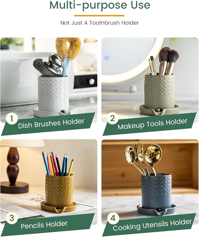 Zoeeker Toothbrush Holders for Bathrooms, Self-draining Toothbrush Holder | Ceramic Electric Toothbrush and Toothpaste Holders Countertop Organizers and Storage for Shower, Vanity, Pen Holder, Green