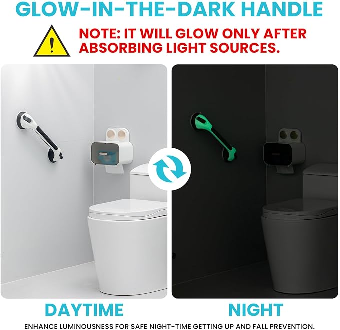 TAILI Shower Grab Bar Glow in The Dark, 2 Pack 16.8 in Grab Bars for Bathtubs and Showers, Shower Handle Rail for Seniors and Elderly,Bathroom Safety Grip Removable No Drilling Waterproof Black,G9