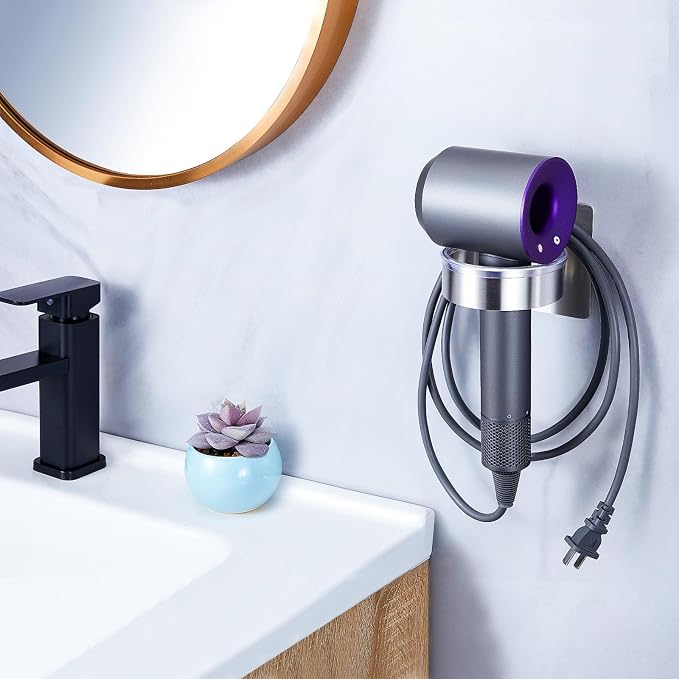 Blow Dryer Holder Wall Mounted, hairdryer holder for bathroom, Blow Dryer Organizer, hair tool organizer wall mount, Adhesive Hair Dryer Storage for Bathroom Barber Shop (Silver)