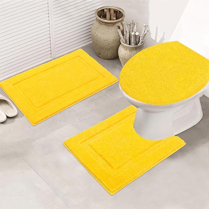 SHACOS Bathroom Rugs Set with Toilet Lid Cover | 20"x32" Bath Mats 19"x21" Toilet Lid Cover 20"x24" U Shape Contour Mat Extra Soft Absorbent Non Slip Bathroom Carpet (Yellow)