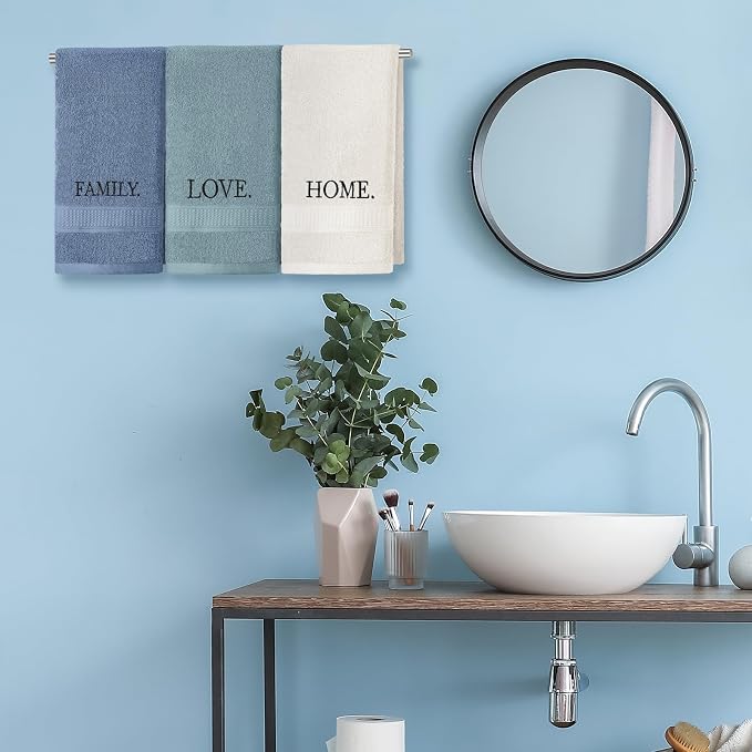 3 Pcs Hand Towels Bathroom Set,Teal,Home Love Family | Embroidered Cotton Farmhouse Towels, Kitchen Decor, Rustic Boho Decorative with Text Labels, Guest Bath Home