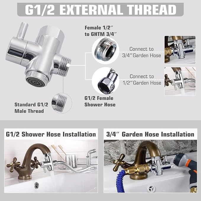 Brass Faucet Diverter Valve with Aerator, Faucet Adapter for Sink Hose Attachment, 3 Way Faucet Splitter with Male Thread Adapter, Faucet Connector for Bathroom/Kitchen(Chrome)