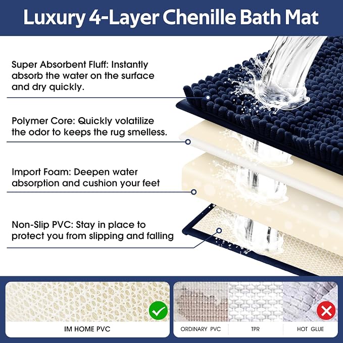 ACCUMTEK Striped Navy Blue Bathroom Rug Mat Set 2 piece 24"x17"+48"x20" Ultra Soft, Non Slip Chenille Bath Rugs, Absorbent Plush Shaggy Bath Mats for Bathroom, Bedroom, Kitchen, Shower, Tub