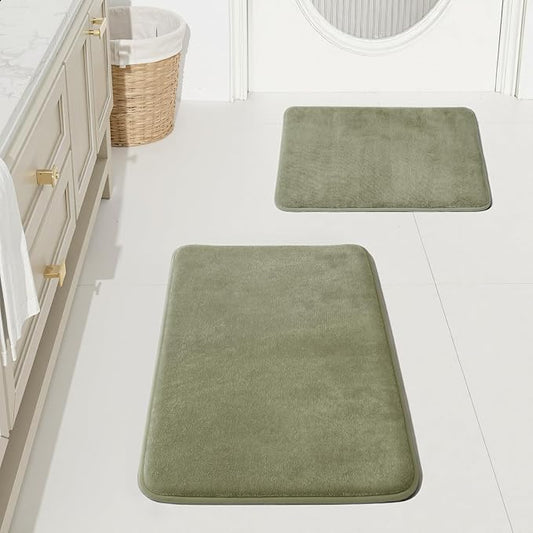 HUXMEYSON Bathroom Rugs Sets 2 Piece, Non-Slip & Quick Dry Bath Mat Set, Ultra Soft Velvet Bath Rugs for Bathroom, Toilet and Shower Floor, Olive Green
