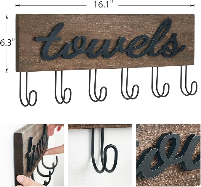 Mkono Towel Holder Wall Mounted Towel Rack Bathroom Decor Rustic Wood Towel Hooks to Hang Towels Bathroom Robe Coat Clothing, Bath Towel Hanger Storage Home Decor Organizer, Medium