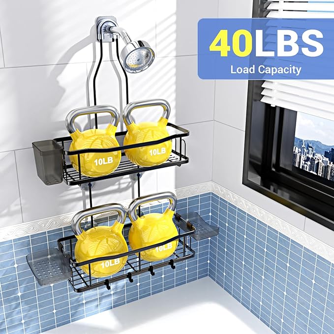 Hanging Shower Caddy Over Shower Head - No Drill Rustproof Shower Rack | Includes Soap Holder and Hooks for Shampoo, Conditioner, and Bathroom Essentials with Stable Storage in Any Shower Space