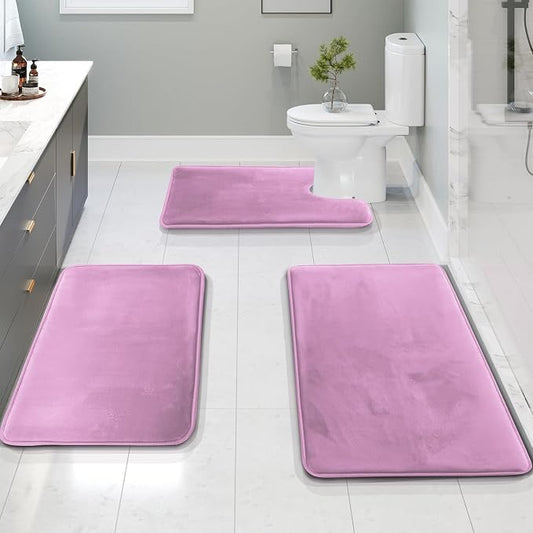 Clara Clark 3 Piece Bathroom Rugs Bath Mat Set, Velvet Memory Foam Bath Mats for Bathroom - Non-Slip, PVC Backing Bath Rugs, Washable - Dries Quickly, Lavender
