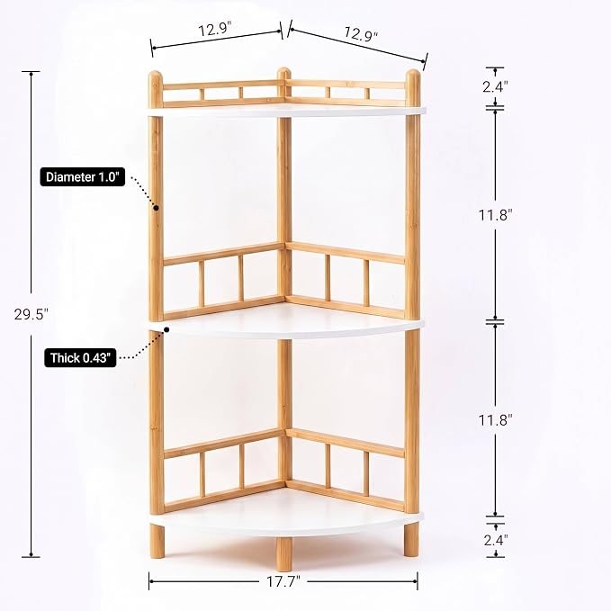 3-Tier Expandable Bamboo Corner Shelf Stand,Corner Bookshelf, Display Storage Shelves with Open Shelves, for Organization and Storage, Living Room, Home Office, Garage (White, 3-Tier WithRail)