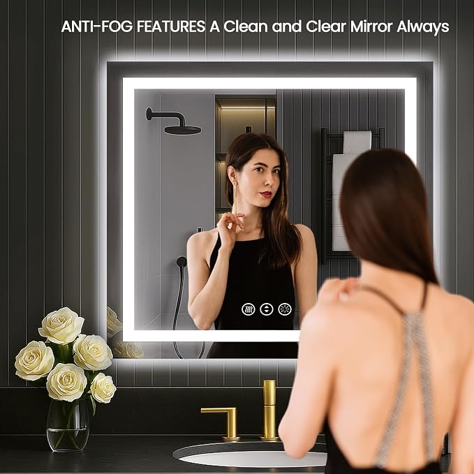 LOAAO 30"X30" LED Bathroom Mirror with Lights, UL Listed | Anti-Fog, Dimmable, 3 Color Temperature, Backlit + Front Lit, Memory Function, Tempered Glass