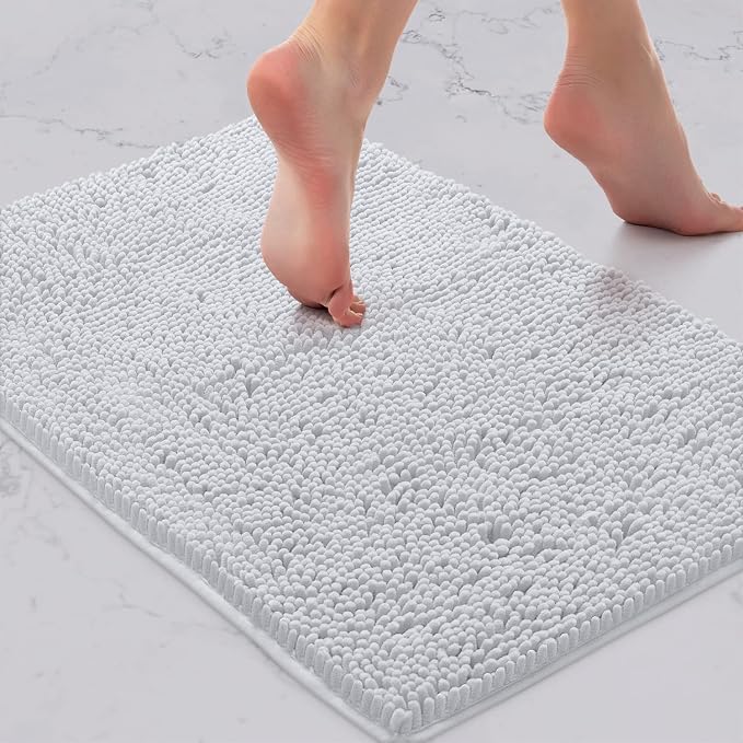 LuxUrux 3-Piece Bathroom Rug Set – Plush Chenille Bath Mats & U-Shaped Toilet Mat, Ultra-Soft, Absorbent & Non-Slip (20x20 U, 16x24 & 20x30 inches, White)