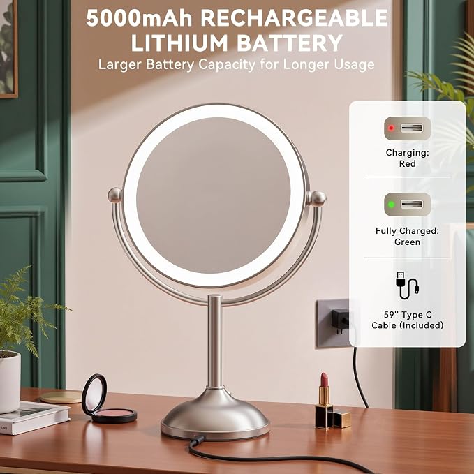 Auxmir 9" 5000mAh Maginfying Mirror, 9" 1X/30X Lighted Makeup Mirror | rechargeable battery, 3 dimmable colors, 360° rotation, stable base, brushed nickel, 30X magnification with 2 tweezers