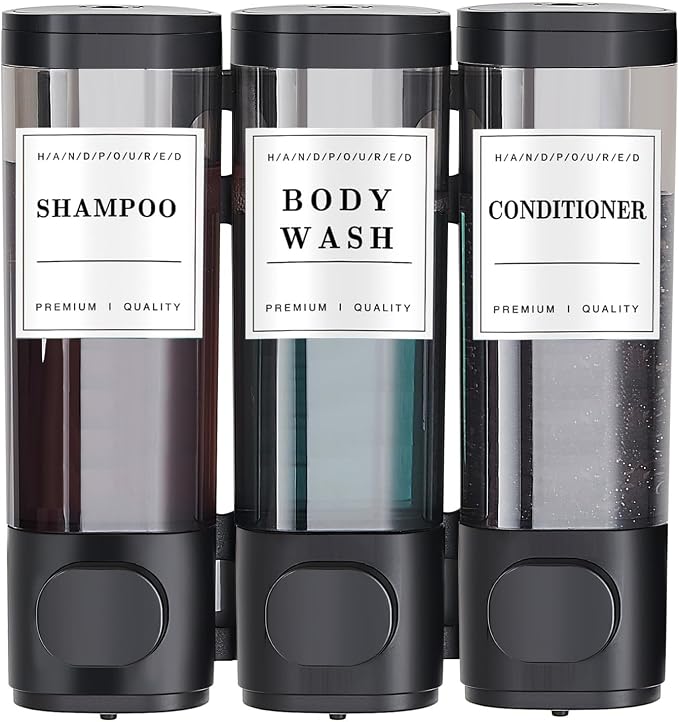 Pollock Shampoo and Conditioner Dispenser,Black 3 Chamber*300ml | Shower Soap Dispenser No Drill,Shampoo Body Wash Conditioner for Bathroom Large Capacity