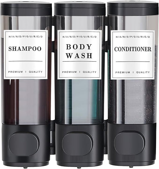 Pollock Shampoo and Conditioner Dispenser,Black 3 Chamber*300ml | Shower Soap Dispenser No Drill,Shampoo Body Wash Conditioner for Bathroom Large Capacity