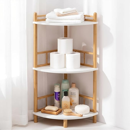3-Tier Expandable Bamboo Corner Shelf Stand,Corner Bookshelf, Display Storage Shelves with Open Shelves, for Organization and Storage, Living Room, Home Office, Garage (White, 3-Tier WithRail)