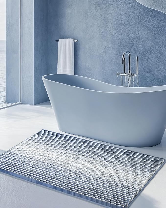 Large Chenille Bathroom Rugs, 24x43 Striped Bath Mats, Fog Blue | Non Slip Backing, Extra Soft Absorbent, Quick Dry Machine Washable, Shower Rug for Bathroom Floor, Tub, Bedroom Decor
