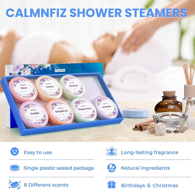 CalmNFiz Shower Steamers Aromatherapy Self Care Gifts 8 Pack Set, Blue | Birthday Gifts for Women, Mom, Wife, Friend, Teacher, Shower Bombs Essential Oil Tablets 8 Fragrances, Self-Care Relaxation