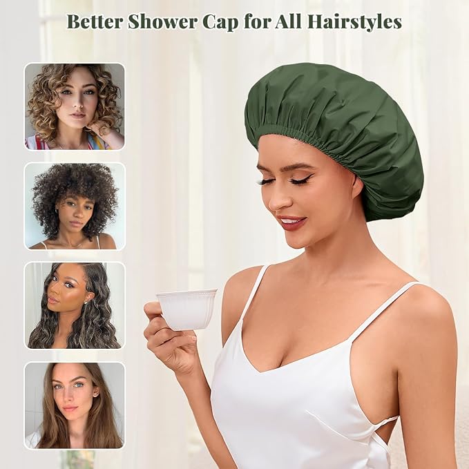 Shower Cap for Women Waterproof Reusable, Large Shower Cap Non-Slip with Elastic Band, Washable Bath Hair Hat for Long Hair, Braids (Dark Green)