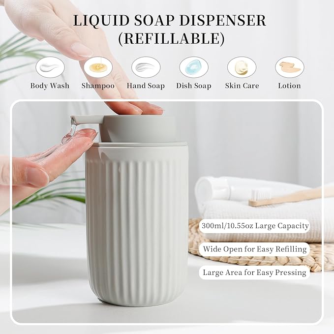 BosilunLife Light Grey Ceramic Bathroom Accessories Set of 4 | Bathroom Decor Sets Accessories Bathroom Lotion Soap Dispenser and Toothbrush Holder Set, Soap Dish, Apothecary Jars.(Liquid)
