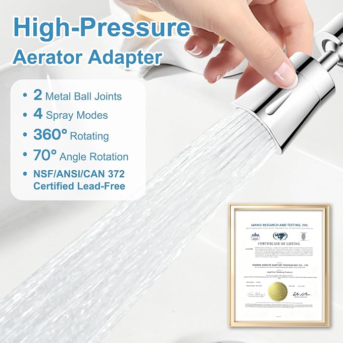 iFealClear Faucet Aerater NSF/ANSI/CAN 372 Certified, 360° Swivel 4 Modes Faucet Sprayer Attachment, 55/64" Big Angle Bathroom & Kitchen Sink Faucet Head, 2 Metal Joints, 15/16" Male Adapter, Chrome