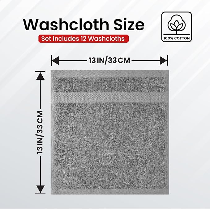 Infinitee Xclusives 100% Cotton Luxury Wash Cloths for Showering - 12 Pack | Washcloths [13x13] - Soft and Absorbent Face Towels for Bathroom Wash Clothes - Gym, Spa & Hotel Use