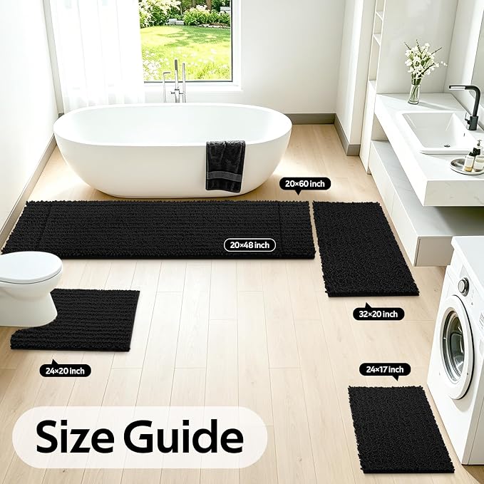 ACCUMTEK Upgrade Luxury 2 Piece Black Toilet Bathroom Rug Mat 60"x20"+32"x20", Ultra Soft Thick Absorbent Bath Mats, Non Slip Chenille Toilet Mat for Bathroom, Bedroom, Kitchen, Shower, Tub