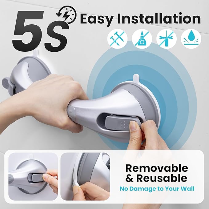 TAILI Shower Grab Bar, 12 Inch Shower Handle for Bathtubs and Elderly, Suction Grab Bars for Seniors Bathroom Safety Handles for Elderly, No Drilling Removable, Silver,G9