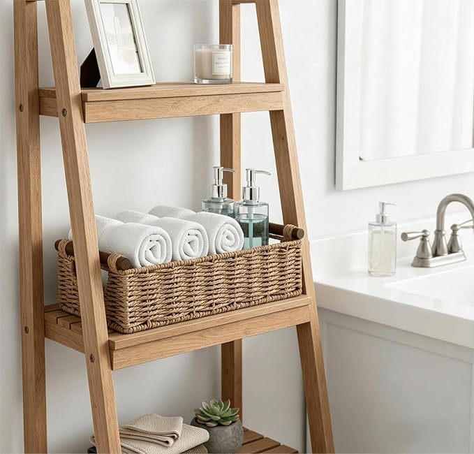 CubesLand Wicker Toilet Storage Basket Tray Organizer W/Cut Out Handle, Slim Decorative Basket for Countertop, Shelves And for Versatile Home Decor, Living Room, Nursery Organization, Neutral