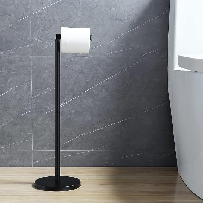 BGL Toilet Paper Holder Standing On Floor Black Matte, Tissue Holder On Floor with Reserve Storage Paper Rolls, Free-Standing Roll Paper Holder