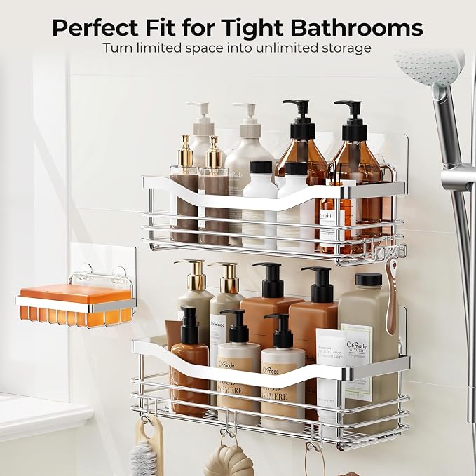 Orimade Shower Caddy Basket Soap Dish Holder Shelf with 5 Hooks Bathroom Organizer Shelf Kitchen Storage Rack Wall Mounted Adhesive No Drilling Rustproof SUS304 Stainless Steel - 3 Pack