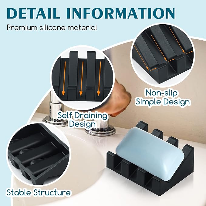 Self Draining Silicone Soap Dish Holder Waterfall Tray, 2 Pack Black | Waterfall design drains fast to keep soap dry, non-slip silicone base anti slide, soap saver for bathroom & kitchen