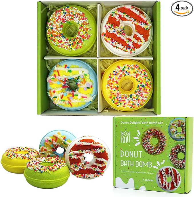 KAV Donut Bath Bombs Gift Set – 4 Piece Handmade Organic Bath Bomb Kit with Essential Oils – Relaxation Spa Gift for Women, Men, Teens, Kids – Self Care & Aromatherapy Soak (Fresh)