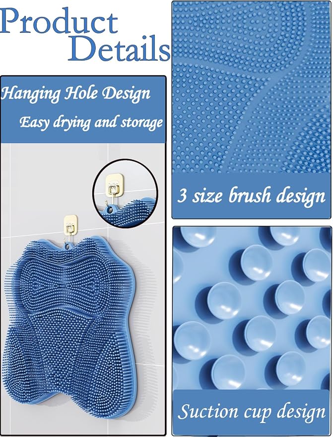 Shower Foot Scrubber Mat,Wall Mounted Back Scrubber Silicone Bath Massager Cushion Brush with Non-Slip Suction Cups,Foot Scrubber for Use in Shower for Improve Skin Exfoliation(Blue)