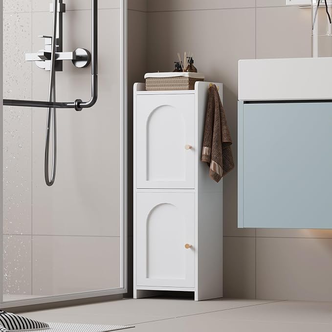 Arbuxzuy Small Bathroom Storage Cabinet,Corner Floor Cabinet with 2 Doors and Adjustable Shelf, Narrow Toilet Paper Cabinets with 2Hooks,Toilet Organizer for Small Spaces，7.87"D*9.84"W*29.72"H(White)