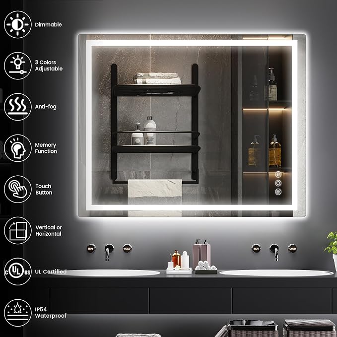 Memobarco 32" x 40" LED Bathroom Mirror with Lights, Memory Vanity Mirror | Anti-Fog, 3 Color Modes, Dimmable, Front Lit, Memory Function, Tempered Glass, Lighted Bathroom Mirror for Wall