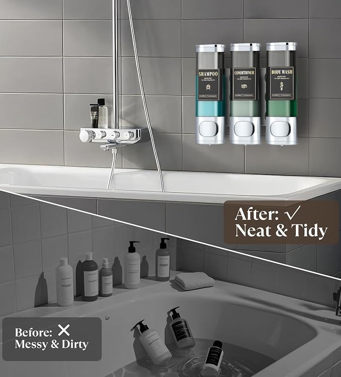 Luxspire Shampoo and Conditioner Dispenser, Shower Soap Dispenser 3-Chamber | Lockable Large Capacity 900ml No-Drill Wall-Mounted Shampoo and Body Wash Dispenser for Bathroom Hotel Kitchen Airbnb
