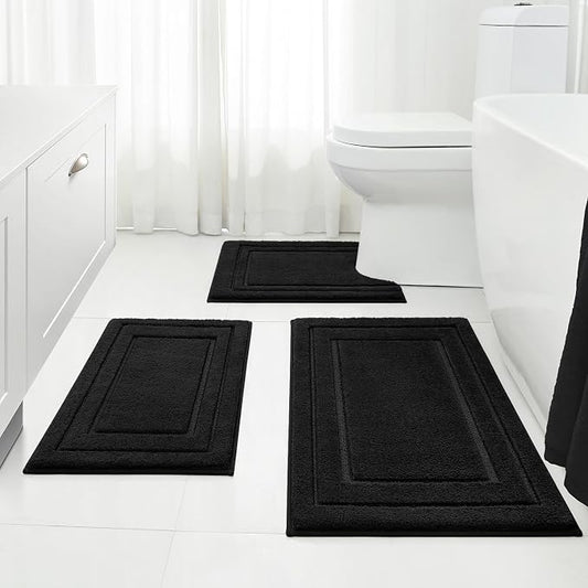 HOMEIDEAS Black Bathroom Rugs Set of 3, Non Slip Bath Mats | Super Absorbent, Plush Microfiber, Machine Washable, Stain Resistant, Easy Care, Perfect for Modern Bathroom Decor