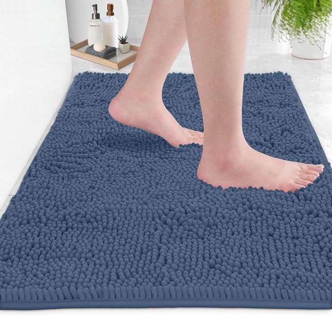 LuxUrux 3-Piece Bathroom Rug Set – Plush Chenille Bath Mats & U-Shaped Toilet Mat, Ultra-Soft, Absorbent & Non-Slip (20x20 U, 16x24 & 20x30 inches, Medium Blue)