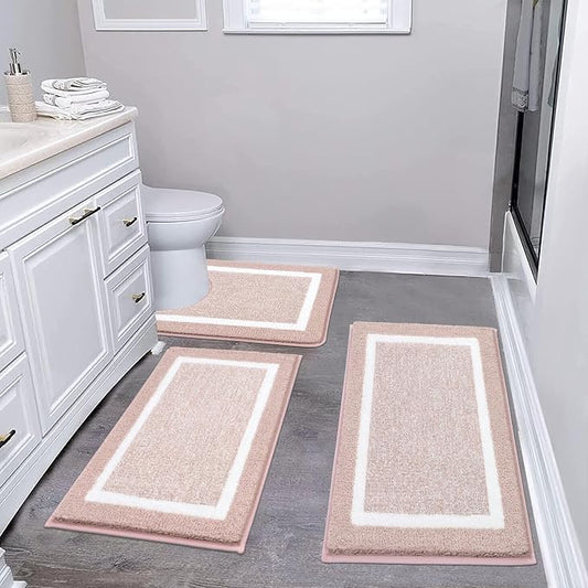 Pauwer 3 Piece Bathroom Rug Set, Non Slip Washable Bath Mat, Dusty Pink | Soft Plush Microfiber, Super Absorbent Floor Carpet, U Shaped Toilet Mats, Quick Dry, Shaggy Shower Rugs Runners