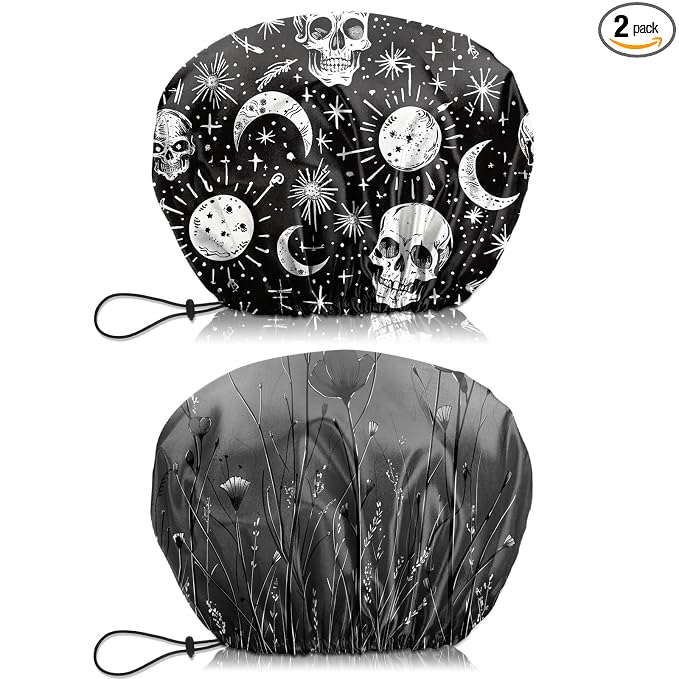 2 PCS Shower Cap Waterproof Double Layer Elastic Adjustable Reusable Hair Bath Caps for Girls Women Cute Aesthetic-Black Grey