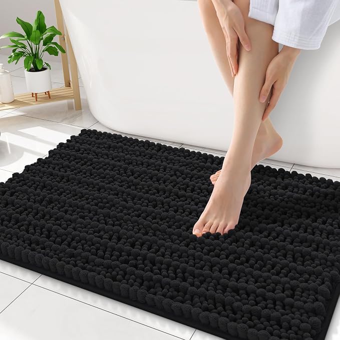 Smiry Bathroom Rugs 34X21, Extra Soft Rubber Backing Chenille Bath Mats | Black Machine Washable Non Slip Quick Dry Bath Mats for Bathroom Floor, Tub, Shower, Home Decor Accessories