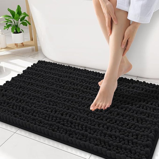 Smiry Bathroom Rugs 32X20, Extra Soft Rubber Backing Chenille Bath Mats | Black Machine Washable Non Slip Quick Dry Bath Mats for Bathroom Floor, Tub, Shower, Home Decor Accessories