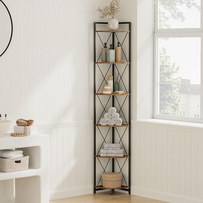 6 Tier Corner Shelf Stand, 78" H Tall Industrial Corner Bookshelf for Living Room Decor, Metal Corner Shelf, Plant Stand Display Shelf for Bedroom, Bathroom, Small Space, Rustic Brown