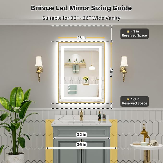 28x36 Inch LED Bathroom Mirror with Gold Frame, Backlit & Front Lit | Anti-fog, 3 Color Dimmable, Memory Function, HD Reflection Tempered Glass, ETL Listed, IP54 Waterproof