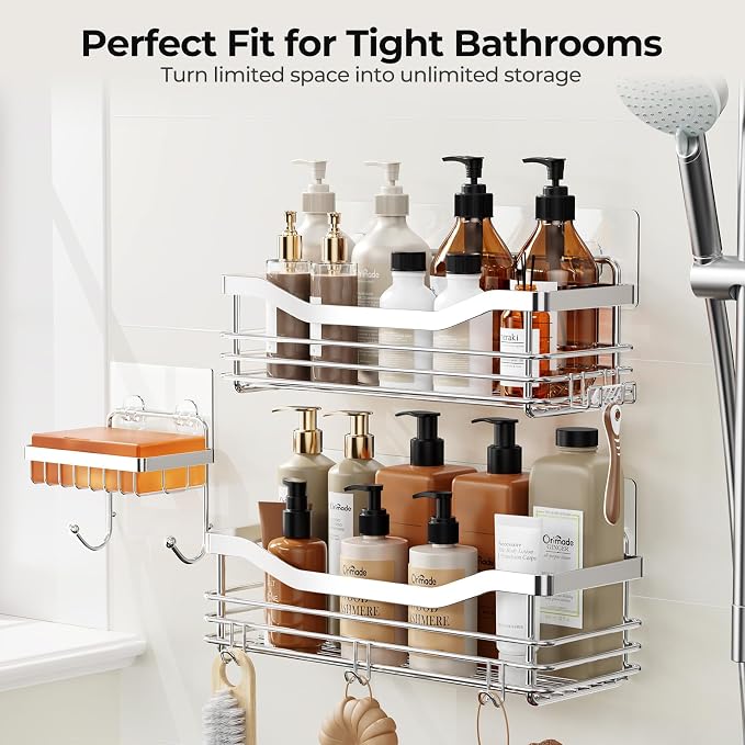 Orimade Shower Caddy Basket Shelf,3-Pack Adhesive Shower Organizer with Soap Dish Holder, No Drilling Wall Mounted Rustproof Stainless Steel Shower Shelves with 7 Hooks,for Bathroom