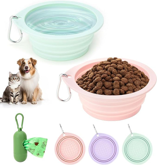 3 Pack Collapsible Dog Bowls,2 Pet Bowls with 1 Pet Poop Bag Dispenser Set,Portable Silicone Travel Dog Bowls for Walking,Hiking,Camping,Outdoor Travel(Pink&Green)