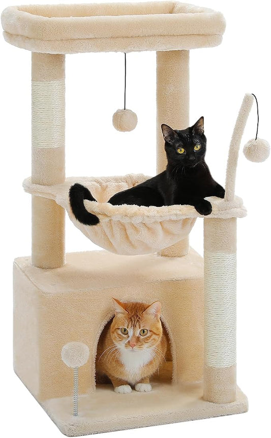 PEQULTI 4-in-1 Cat Tree for Kittens & Small Cats, 33in Beige Tower | Compact 33in cat tower: deep hammock, cozy condo, top perch, sisal post; removable washable cover; wide base for small cats