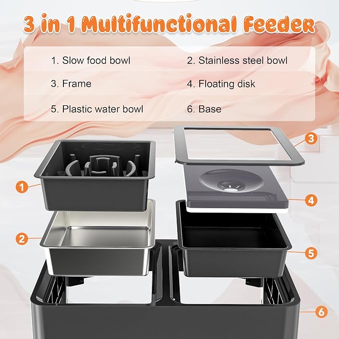 Decflow 3-in-1 Elevated Dog Bowls with 4 Height Adjustable Raised Stand | 304 Stainless Steel No Spill Water Bowl, Slow Feeder Dog Bowls, DIY Stickers, Pet Feeder Set for Small, Medium & Large Dogs