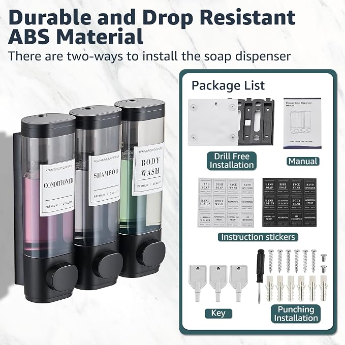 Pollock Shampoo and Conditioner Dispenser,Black 3 Chamber*300ml | Shower Soap Dispenser No Drill,Shampoo Body Wash Conditioner for Bathroom Large Capacity