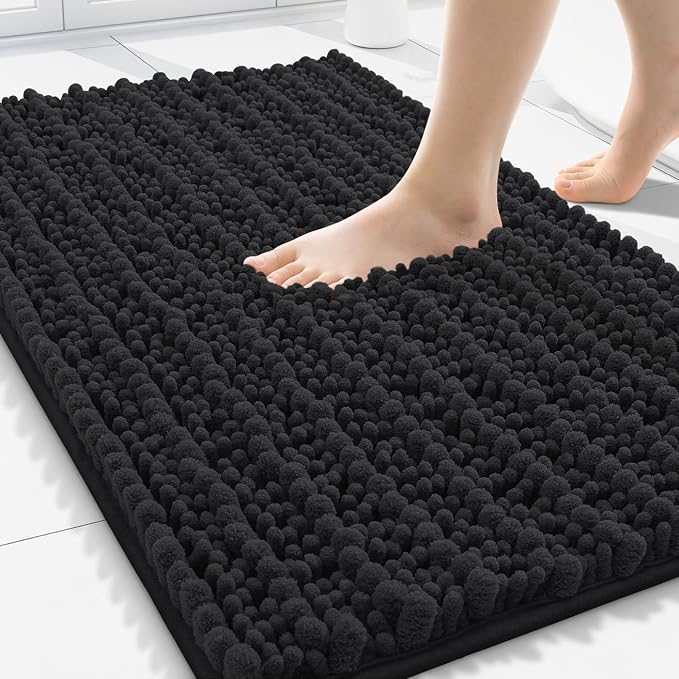 Smiry Bathroom Rugs 30X20, Extra Soft Rubber Backing Chenille Bath Mats | Black Machine Washable Non Slip Quick Dry Bath Mats for Bathroom Floor, Tub, Shower, Home Decor Accessories