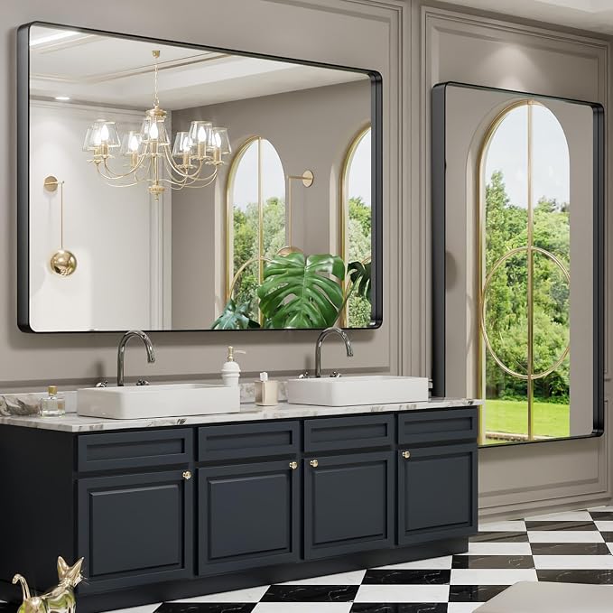 LOAAO 60X40 Inch Black Metal Framed Bathroom Mirror | Matte Black Bathroom Vanity Mirror, Rounded Rectangle, Anti-Rust, Tempered Glass, Hangs Horizontally or Vertically